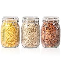 ComSaf Airtight Glass jar with lid 37oz Set of 3, Glass Storage Containers with Lids, Glass Canister, Striped Clip Fastening Jar for Kitchen Canning, Tea, Pasta, Sugar, Beans, Cookie