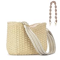 Herald Small Handmade Straw Pocketbook Crossbody Bag for Women, Summer Chic Woven Handbag Shoulder Purse with Chain