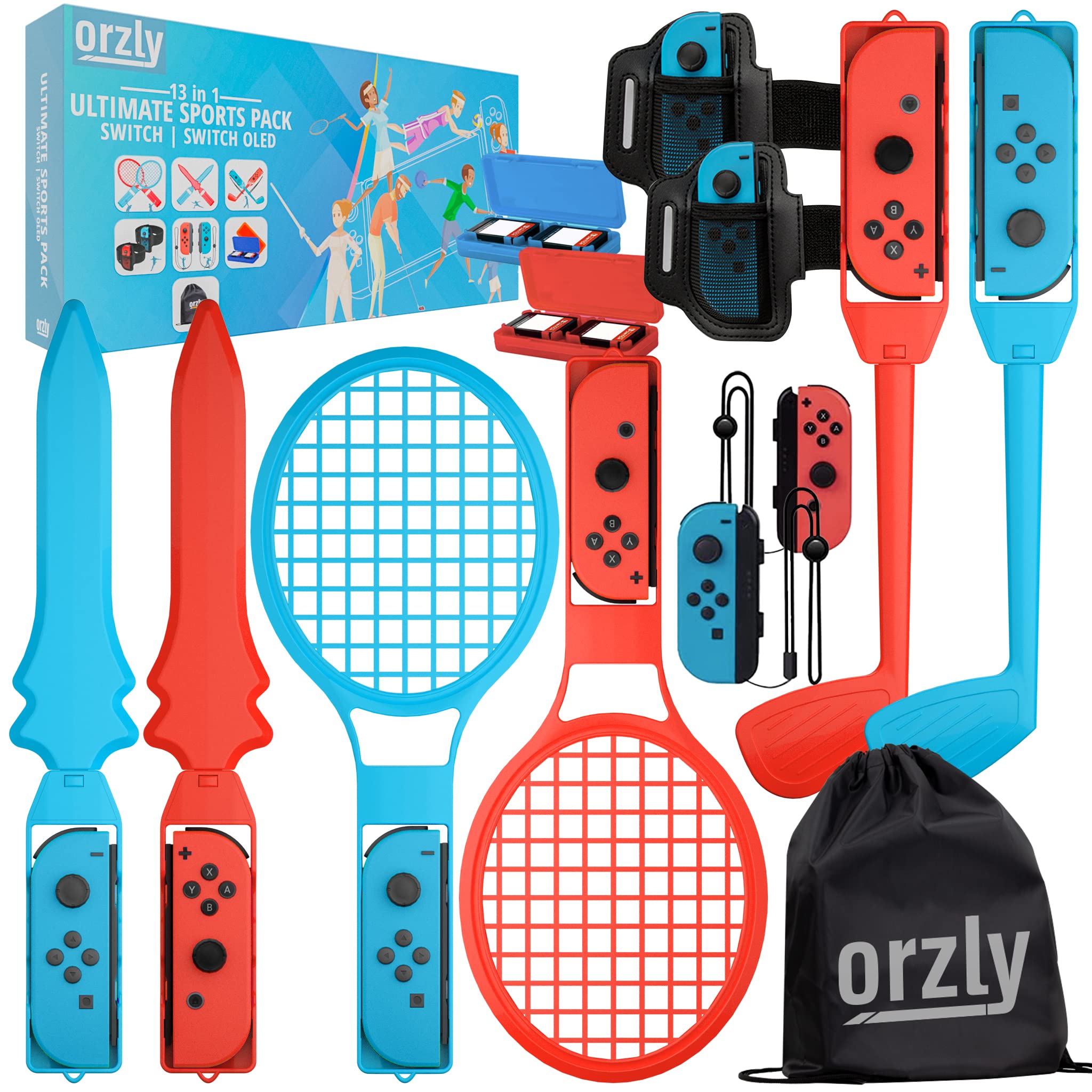 Orzly Switch Sports Games 2022 Accessories Bundle Pack for Nintendo Switch & Switch OLED with Tennis Rackets, Golf Clubs, Chambara Swords, Soccer Leg Straps & Joycon Grips - With Carry Bag