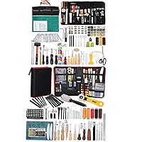 Leather Tooling Kit, Leather Kit with Manual, Leather Working Tools and Supplies, Leather Stamp Tools, Stitching Groover and Rivets Kit Suitable for Beginners to Professionals