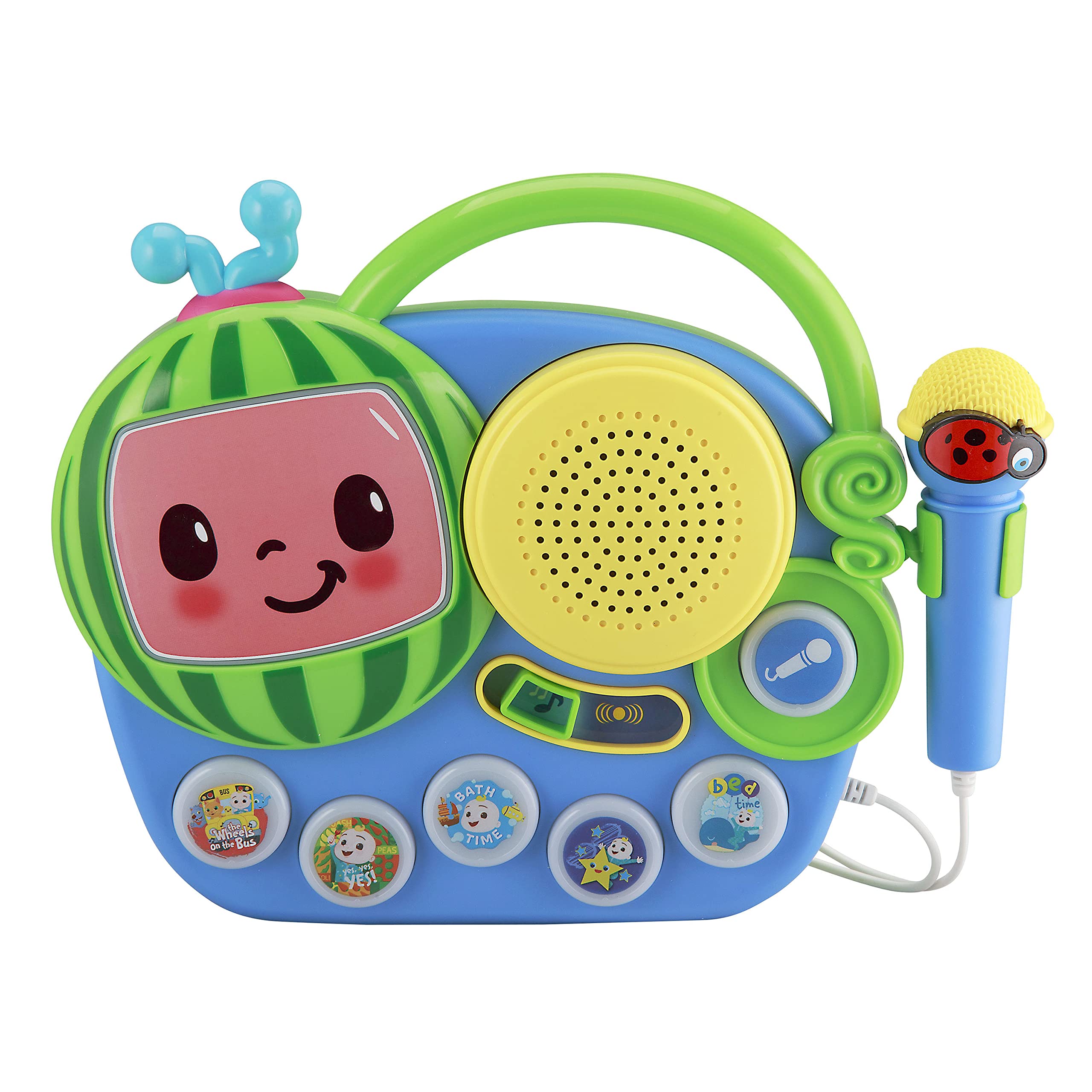 eKids Auxiliary Cocomelon Toy Singalong Boombox with Microphone for Toddlers, Built-in Music and Flashing Lights, Fans of Cocomelon Gifts