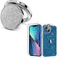 MIODIK Bundle - for iPhone 13 Case Clear Glitter (Blue) + Phone Ring Holder (Silver), with 9H Tempered Glass Screen Protector + Camera Lens Protector, Protective Shockproof for Women