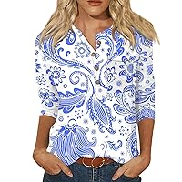 3/4 Sleeve Tunic Tops for Women,3/4 Length Sleeve Womens Tops Button Crew Neck Printing Shirts 2024 Summer Plus Sized Loose Fit Holiday Blouse Oversized Tshirts for Women