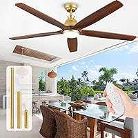 52 Inch Gold Ceiling Fan with Light, Outdoor Ceiling Fans for Patios with Lights, 5 Blade Propeller Wood Ceiling Fan with Remote, 6-Speed Modern Farmhouse Ceiling Fan for Exterior Bedroom