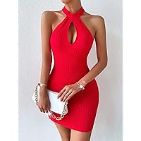 Women Dresses Keyhole Neckline Bodycon Dress (Color : Red, Size : Small)