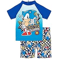 Sonic The Hedgehog Boys Swimsuit Set | Kids Blue 2 Piece T-Shirt & Swim Shorts | Racing Checkers & Rings Swimming Costume