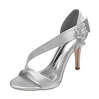 Womens Pearl Heel Sandals with Oblique Band Silver Satin Wedding High Heeled Bride Dress Party Evening Shoes 10.5CM Job Ankle Strap Shoes Silver US 8.5