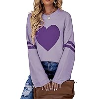 Women Heart Sweater Pullover Long Sleeve Crewneck Knitted Jumper Cozy Casual Knit Sweaters Tops