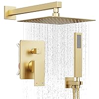 Shower System, Gold Shower Faucet Set with 12-Inch Rain Shower Head and Handheld, Wall Mounted High Pressure Shower Head Set, Shower Combo Set with Shower Valve and Shower Trim, Brushed Gold