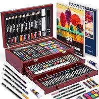 175 Piece Deluxe Art Set with 2 Drawing Pads, Acrylic Paints, Crayons, Colored Pencils Set in Wooden Case, Professional Art Kit, for Adults, Teens and Artist, Paint Supplies