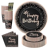 100Pcs Happy Birthday Disposable Dinnerware Set,Black Rose Gold Party Supplies with Paper Dinner Plate Napkin Cups dessert plates and Straws Serve 20 Guests