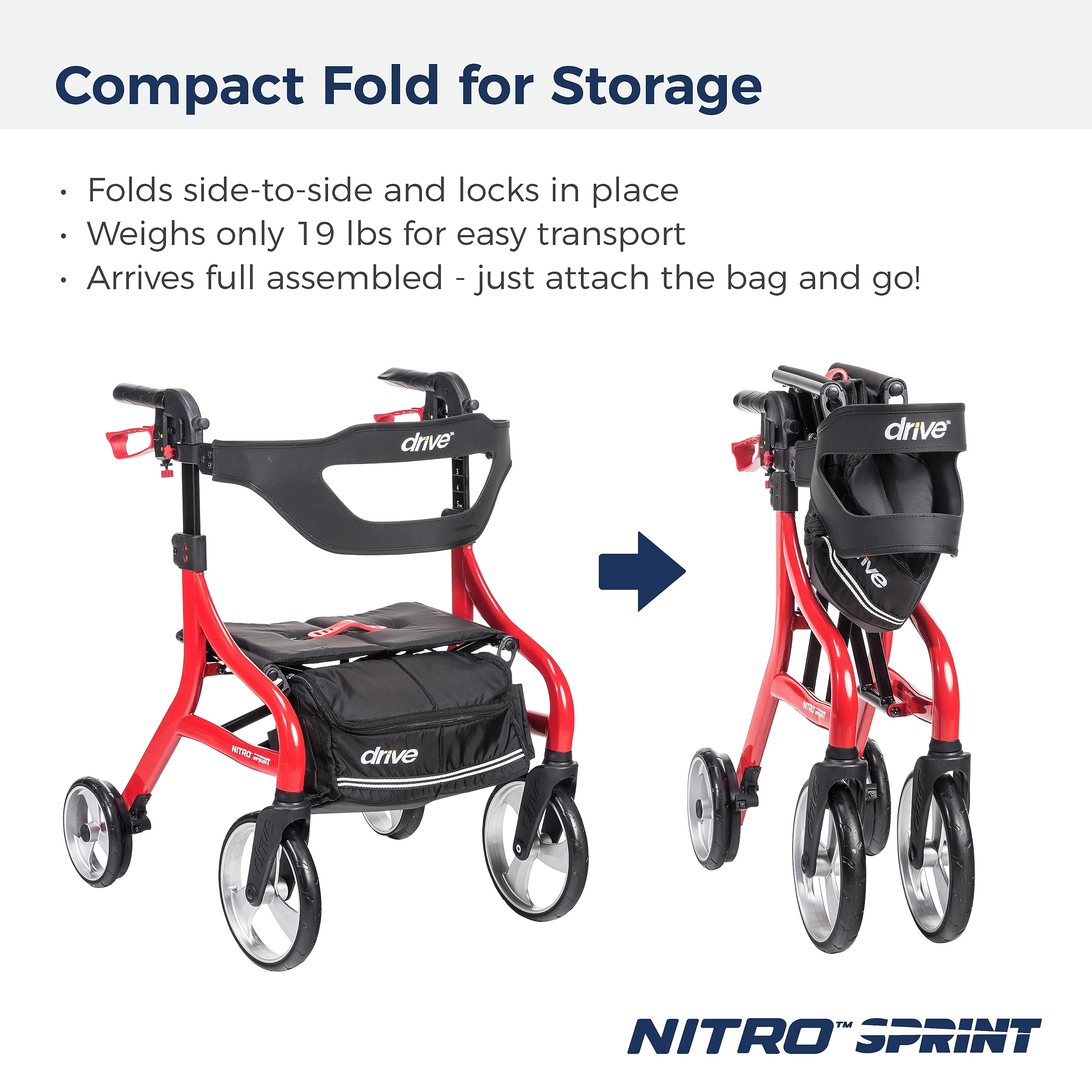 Drive Medical Nitro Sprint Foldable Rollator Walker with Seat, Petite Height Lightweight Rollator with Large Wheels, Folding Rollator, Short Rolling Walker for Seniors and Adults, Red