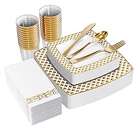 175 Piece Gold Dinnerware Set 25 Guest-50 Diamond Square Plastic Plates-25 Gold Plastic Silverware-25 Gold Plastic Cups-25 Gold Paper Napkins, FOCUSLINE Disposable Dinnerware Set