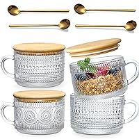 4pcs Set Vintage Coffee Mugs gifts for women, Overnight Oats Containers with Bamboo Lids and Spoons - 14oz Clear Embossed Glass Cups, Cute Coffee Bar Accessories, Iced Coffee Glasses