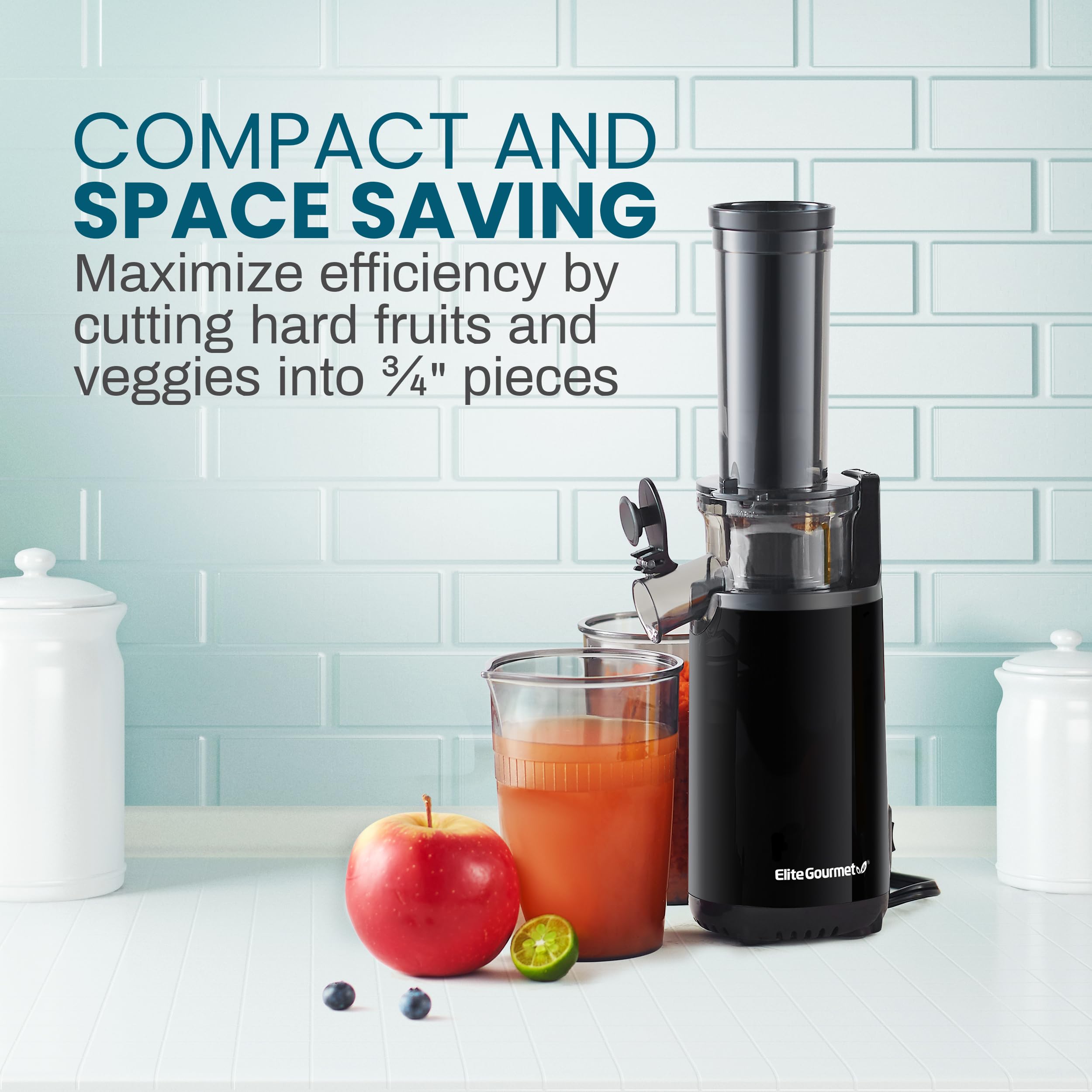 Elite Gourmet EJX600 Compact Small Space-Saving Masticating Slow Juicer, Cold Press Juice Extractor, Nutrient and Vitamin Dense, Easy to Clean, 16 Oz Juice Cup, Charcoal Grey