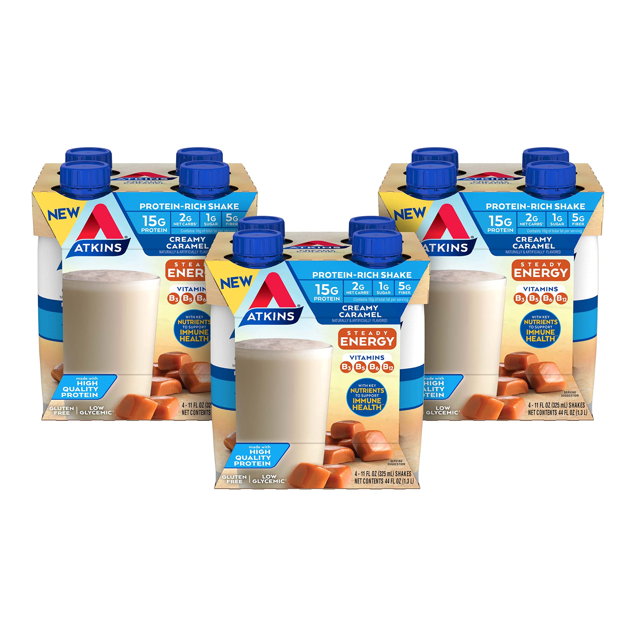 Atkins Energy Shake Creamy Caramel, with B Vitamins and Protein. Keto-Friendly and Gluten Free 4 Count(Pack of 3)
