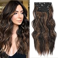 NAYOO Clip in Curly Hair Extensions 4PCS Long Wavy Synthetic Thick Hairpieces with Fiber Double Weft for Women Hair Full Head (24 Inch, Balayage Dark Brown to Chestnut)