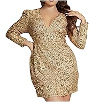 Plus Size Wedding Guest Dresses for Curvy Women Glitter Puff Long Sleeve Bodycon Dress Sequin Cocktail Evening Dresses