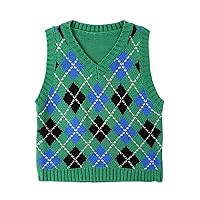 FEESHOW Women Streetwear Preppy Style Knitwear Tank Tops V Neck Argyle Plaid Knitted Sweater Vest