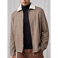 Jackets for Men - Men Houndstooth Print Zip Up Overcoat Without Sweater (Color : Brown, Size : Medium)