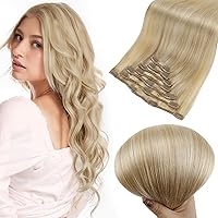 Full Shine Clip in Hair Extensions Real Human Hair 16inch Blonde Hair Extensions Clip ins Honey Blonde Highlighted Platinum Blonde Human Hair Clip in Extensions Ombre Straight Hair 7Pcs 120g