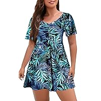 ECUPPER Womens One Piece Swimsuit with Sleeves Plus Size Swim Dress Modest Tummy Control Skirt Bathing Suit Built in Shorts
