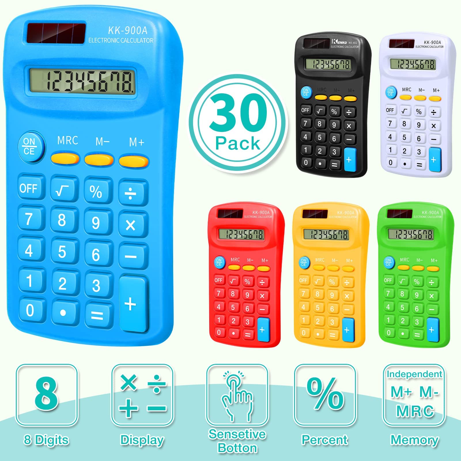 30 Pack Pocket Calculator Small Battery Powered Calculator Bulk Mini Size 4 Function Calculator Hand Held Basic Calculator for Students Kids School Home Office (Green, White, Red, Yellow, Blue, Black)