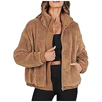 Womens High Neck Faux Fur Fluffy Fleece Sweat Jackets Drop Shoulder Long Sleeve Fuzzy Winter Comfy Coat for Sports
