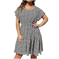 Plus Size Womens Ruffle Short Sleeve Boho Dress Summer Casual Loose Flowy Lightweight Pleated Knee Length Dresses