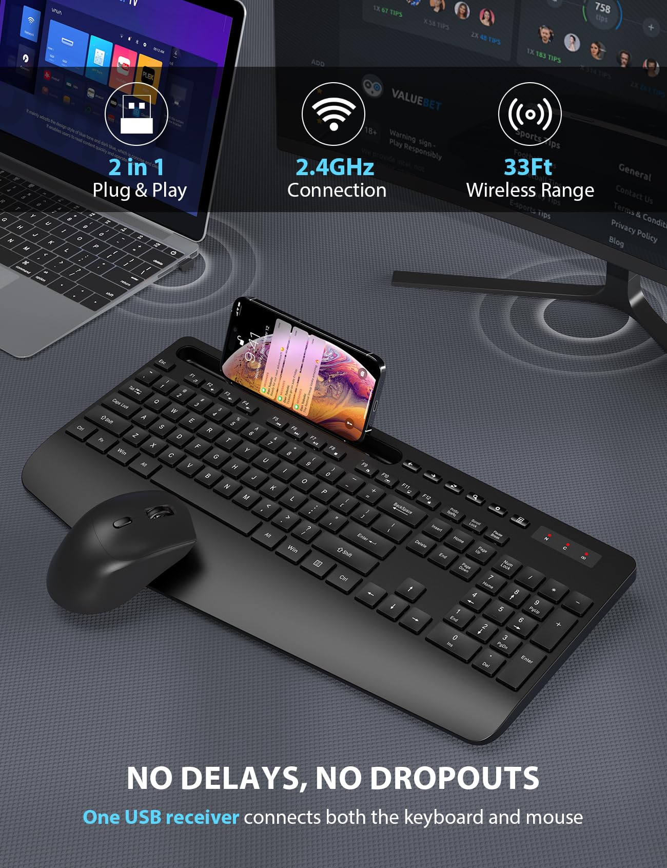 Wireless Keyboard and Mouse Combo - Full-Sized Ergonomic Keyboard with Wrist Rest, Phone Holder, Sleep Mode, Silent 2.4GHz Cordless Keyboard Mouse Combo for Computer, Laptop, PC, Mac, Windows -Trueque