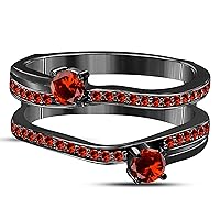 14k Black Rhodium Plated Alloy Two Stone Prong Set Round Forever US Enhancer Ring Guard with CZ Red Garnet (0.58 ct. tw.)