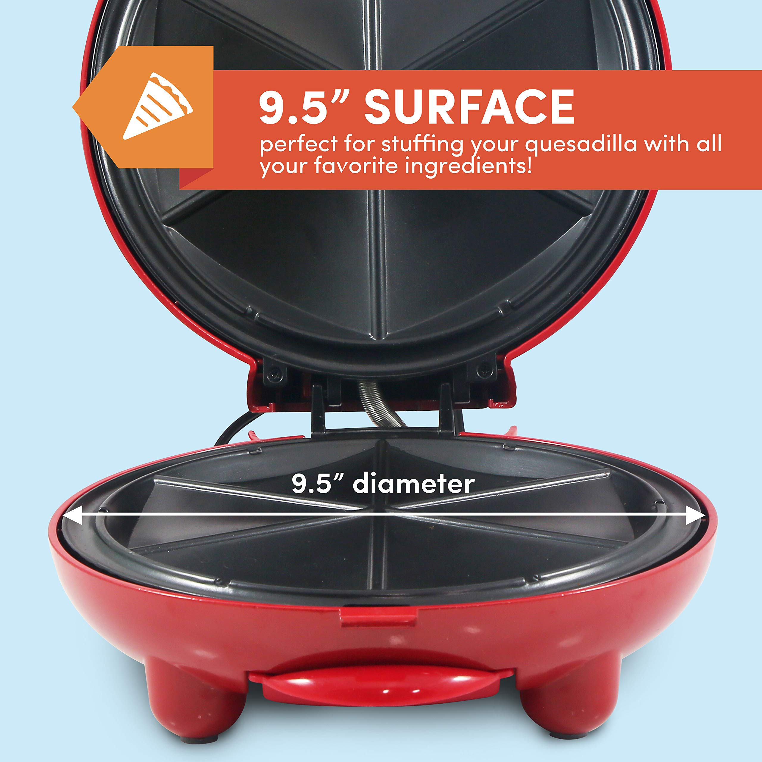 Elite Gourmet EQD413 Non-Stick Electric, Mexican Taco Tuesday Quesadilla Maker, Easy-Slice 6-Wedge, Grilled Cheese, 8 Inch, Red