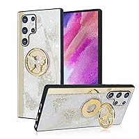 Guppy for Galaxy S23 Ultra Case with Ring Stand, for Women Girls Luxury 3D Luxury Bling Cute Butterfly Flower Elegant Rhinestone Diamond Back PC+ Soft TPU Bumper Shockproof Protective Cover-White