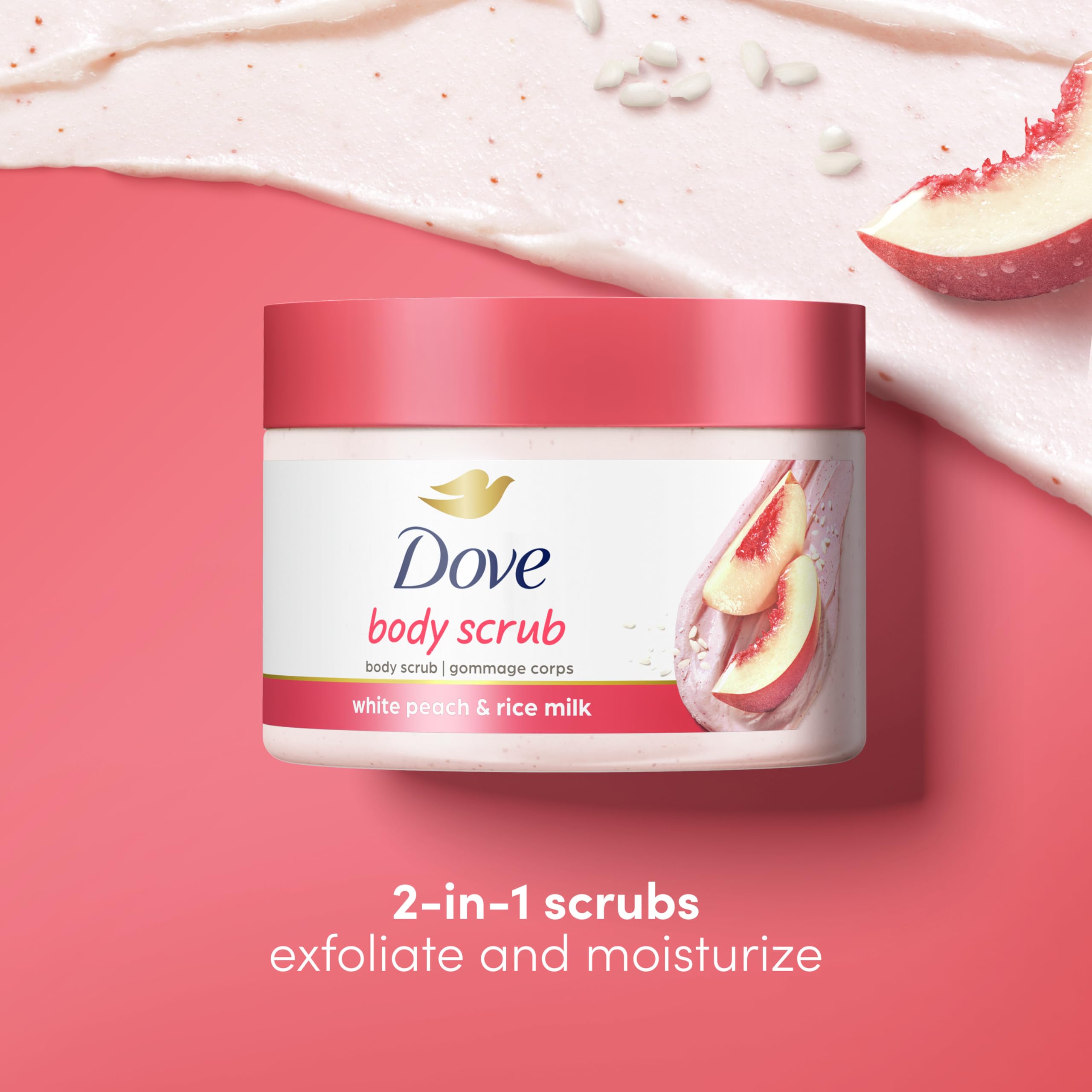 Dove Body Scrub White Peach & Crushed Rice 3 Count for Visibly Silky-Smooth, Nourished Skin, with ¼ Moisturizing Cream, 10.5 oz