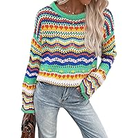 Women's Color Stripe Sweater Crew Neck Raglan Long Sleeve Crochet Knit Pullover Jumper