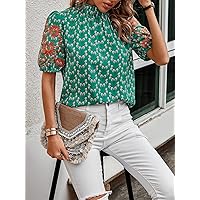 Women's Shirts Sexy for Women Embroidery Floral Print Puff Sleeve Mock Neck Blouse Shirts for Women (Color : Green, Size : X-Large)