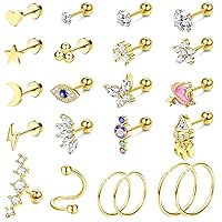 Kakonia 22Pcs 18G Cartilage Earrings Stud for Women 316L Stainless Steel Cartilage Hoop Earring Set CZ Butterfly Star Moon Spiral Curved Dangle Cartilage Helix Tragus Conch Ear Hoop Piercing Jewellery