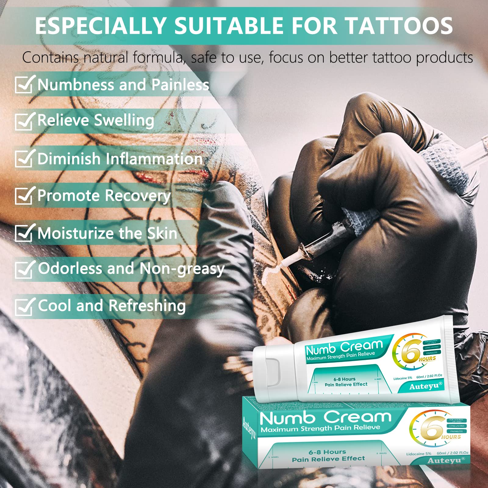 Tattoo Numbing Cream Before Tattoo Odorless and Non-greasy, 6-8 Hours Painless Numbing Cream Tattoo(2.01oz)