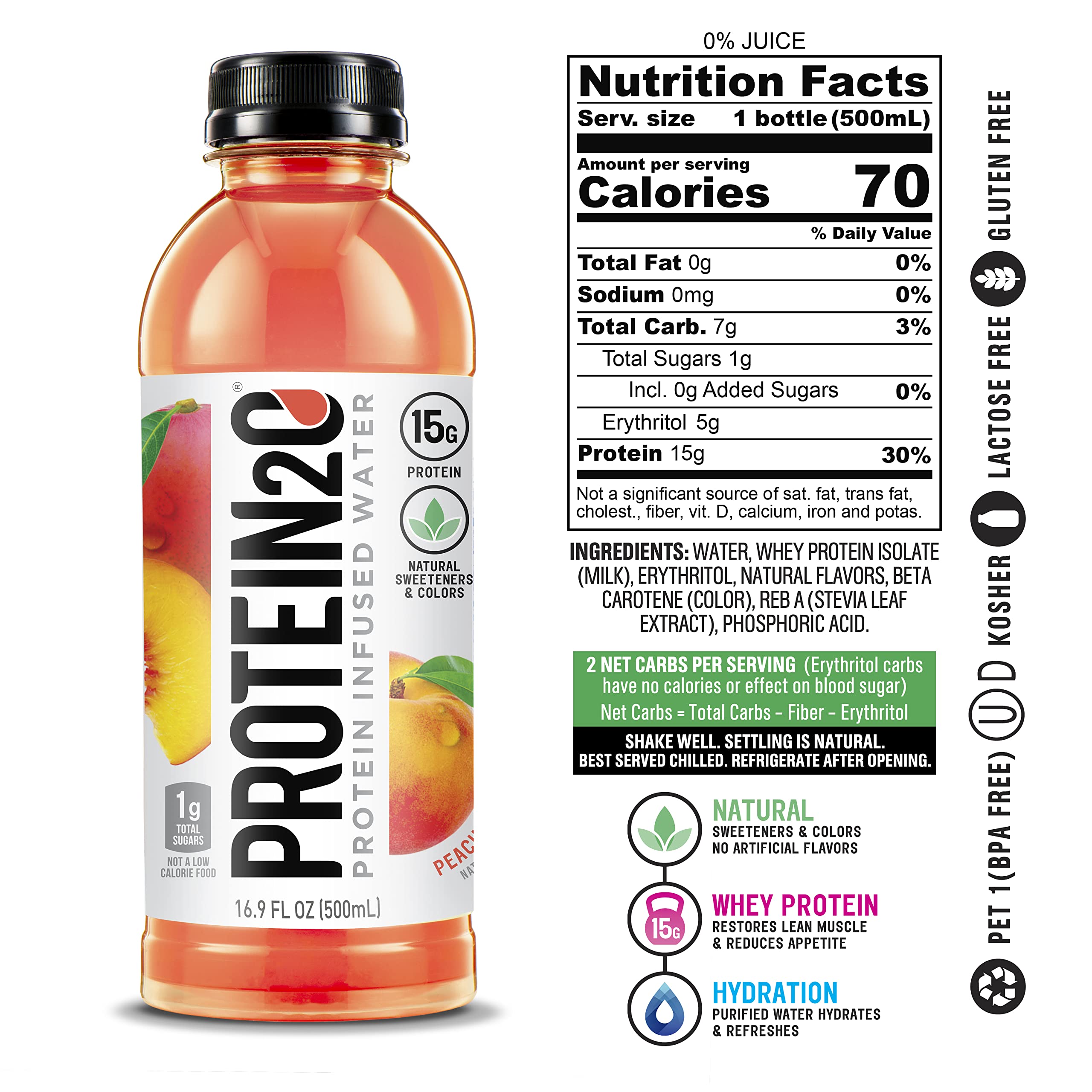 Protein2o 15g Whey Protein Infused Water, Peach Mango, 16.9 Oz Bottle (Pack of 12)