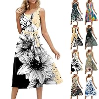 L Dresses for Women Loose Beach Dresses Round Neck Sleeveless Midi A-Line Swing Dress Sundresses with Pockets Beige Large