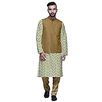 Atasi Printed Kurta with Solid Pajama & Nehru Jacket Set for Mens Party Wear