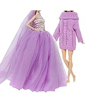 BJDBUS 11.5 inch Girl Doll Clothes Purple Wedding Dress with Veil & Winter Turtleneck Sweater Clothes