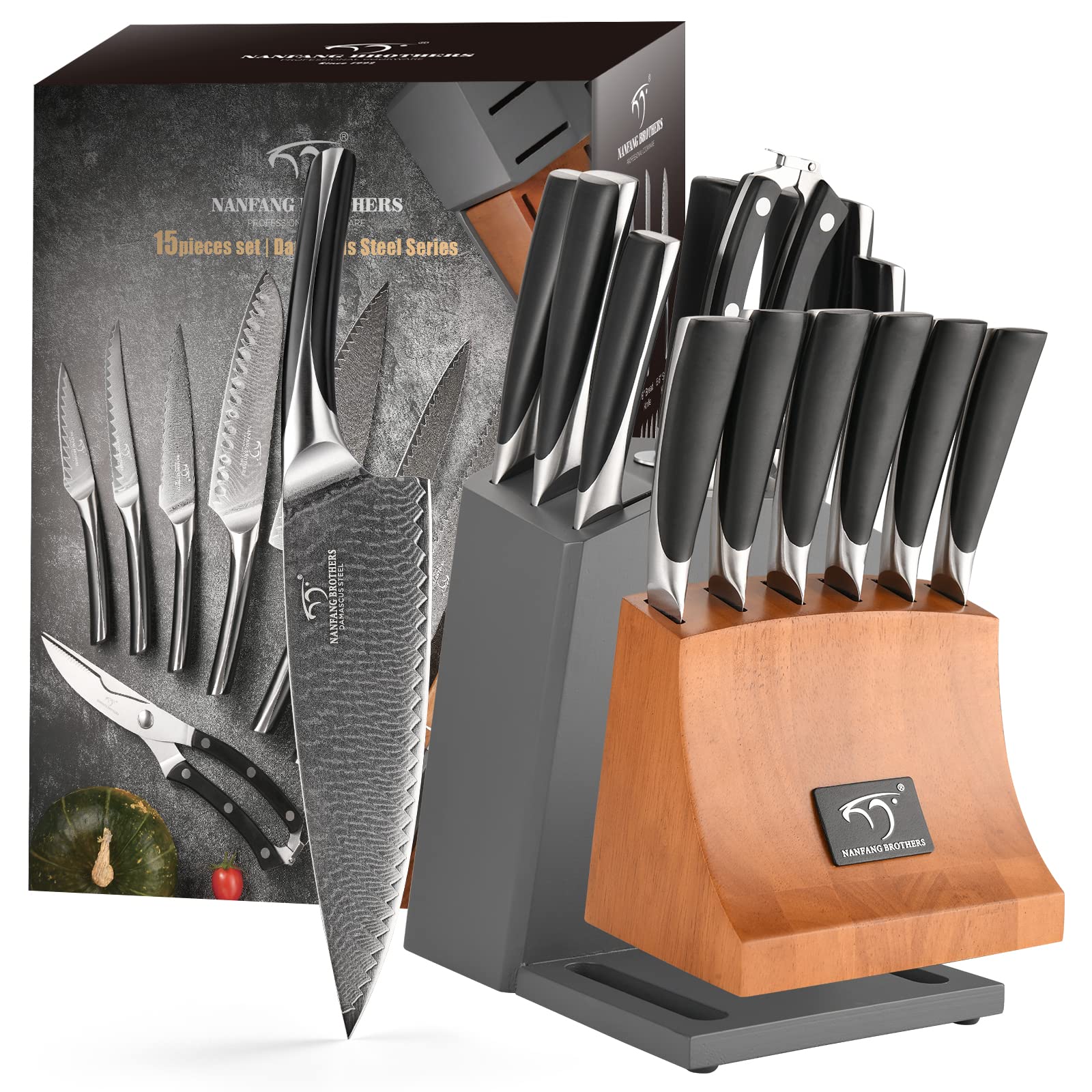 NANFANG BROTHERS Knife Set, 15-Piece Damascus Kitchen Knife Set with Block, ABS Ergonomic Handle for Chef Knife Set, Knife Sharpener and Kitchen Shears, Knife Block Set