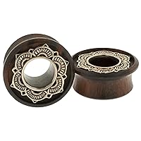 Pair of Double Flared Ebony Eyelets with White Metal Lotus Drop Inlay: 3/4
