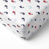 Bacati - Whales Silky Soft Breathable 100% Cotton Muslin Baby Crib Fitted Sheets - Fits Standard 28 x 52 x 5 Crib & Toddler Mattresses (Whales - Navy/Red)