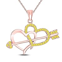 Valentine Day Special 14k Rose Gold Plated Alloy 0.15 Ct Yellow Sapphire Double Heart with Arrow Pendant Necklace with 18'' Chain