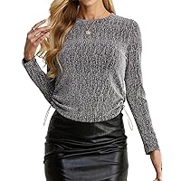 QIXING Women's Long Sleeved Round Neck Sparkling Party top with Drawstring on Both Sides and Waist up top