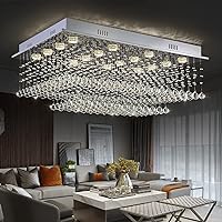 Siljoy Modern Rectangular Crystal Chandelier, Large Ceiling Light Fixture with Contemporary Luxury Design, Flush Mount Chandelier for Living Room Foyer Kitchen Dining Room, H 14