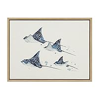x Cathy Zhang Collaboration Eagle Spotted Ray Family Framed Linen Textured Canvas Wall Art, 18x24 Natural, Decorative Coastal Themed Art Print for Wall