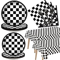 98 PCS Black and White Checkered Racing Party Supplies Car Party Tableware Set Race Car Party Dinnerware Decorations Racing Themed Tablecloth Plates Car Sports Napkins Forks for Birthday Party